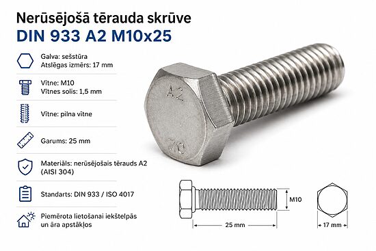 Nerūsējošā tērauda sešstūra galvas skrūve DIN 933 A2 M10×25